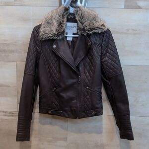Faux Leather Jacket with Faux Fur Leather Jacket - Brown